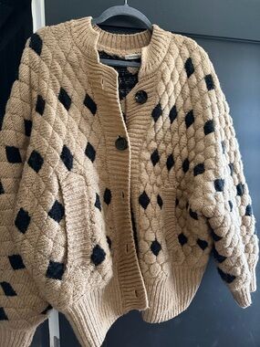 Chunky Cream Cable Crewneck Sweater with Black Diamond Details